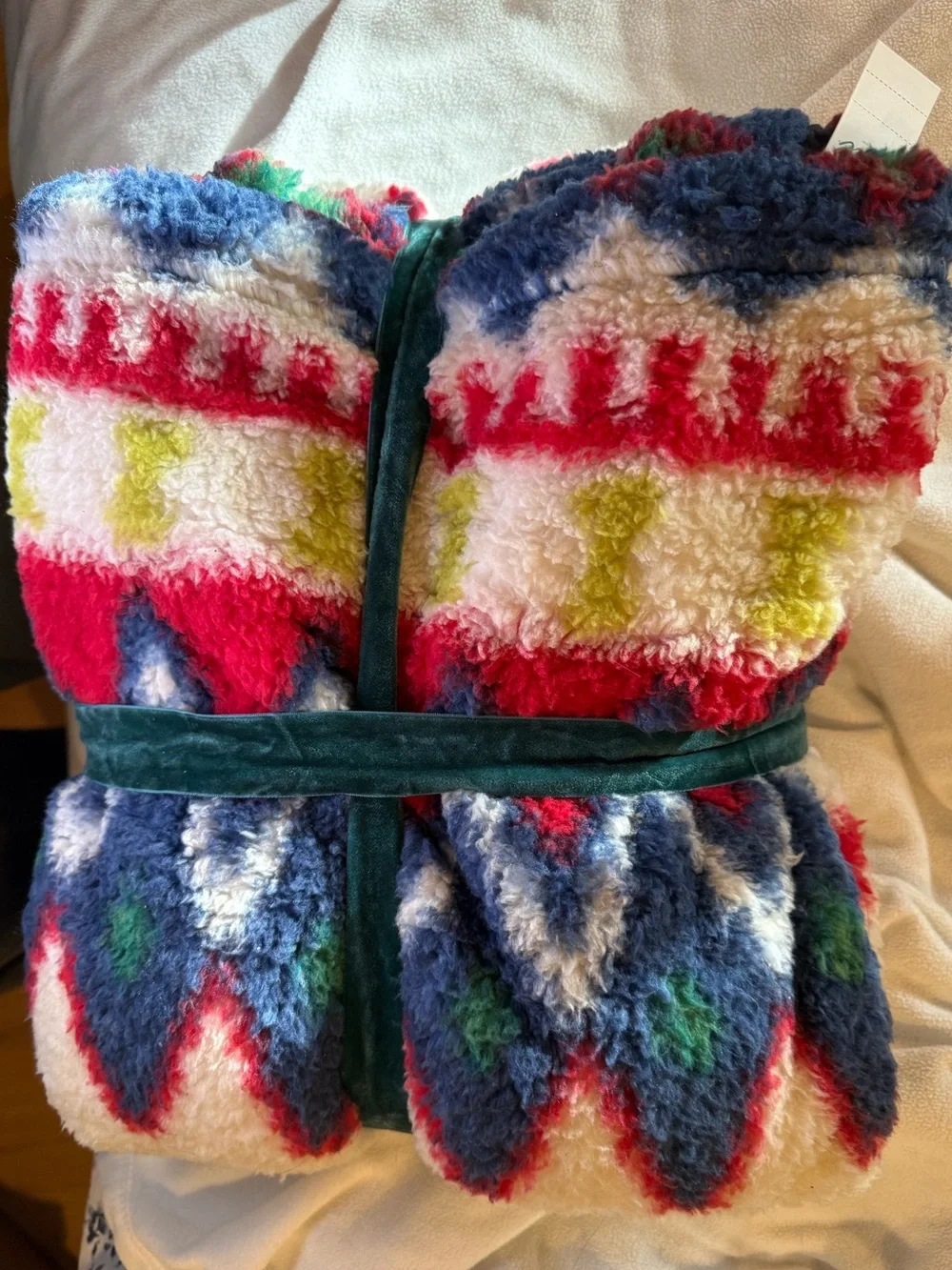 Aerie NWT Cozy Colorful Sherpa Throw with Teal Ribbon